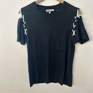 IRO Women’s Black and White Melly Linen Tee with Lace Up Sleeves, Size Medium